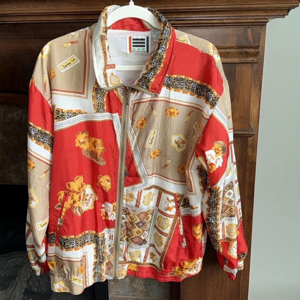Semi vintage silk bright colorful print statement bomber jacket full zip size M